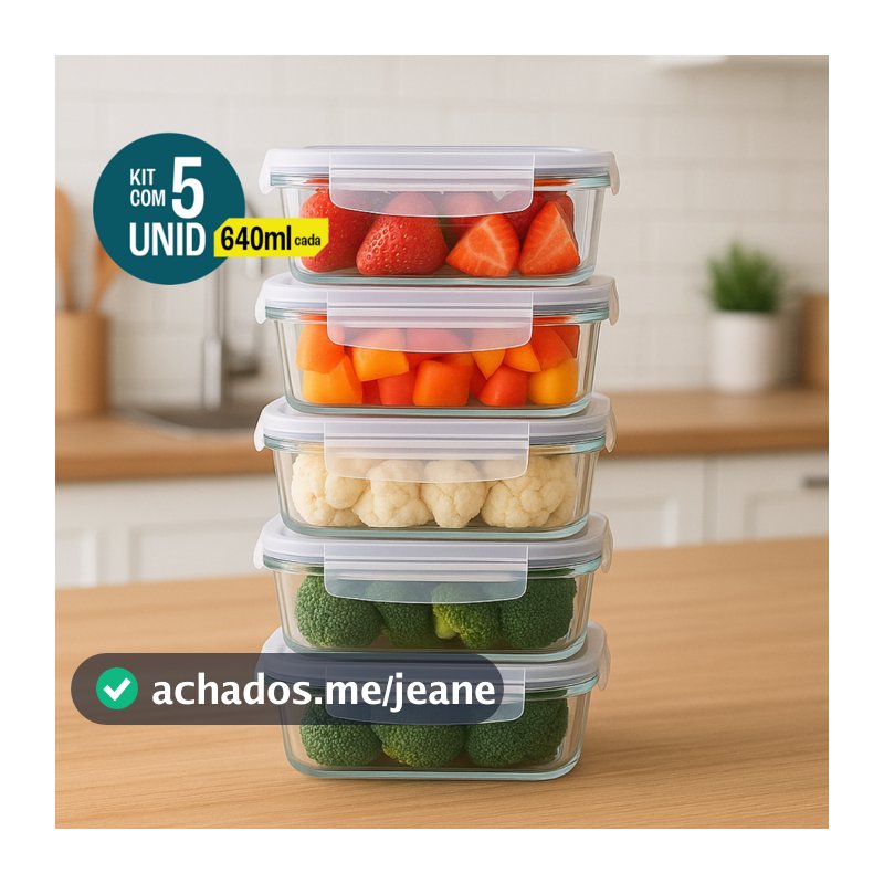 Kit 5 Potes De Vidro Hermético 640ml 4 Travas Livre De BPA Marmita Freezer Microondas