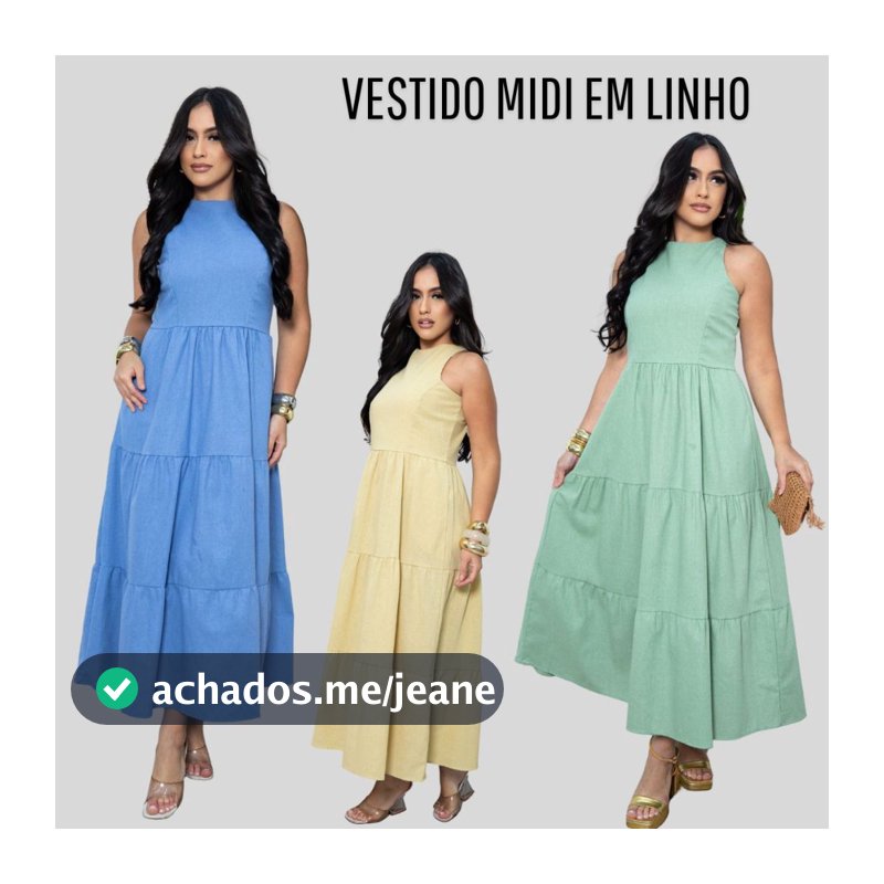 Vestido Midi Linho Feminino Elegante Casual Alfaiataria Bolsos Laterais Atemporal