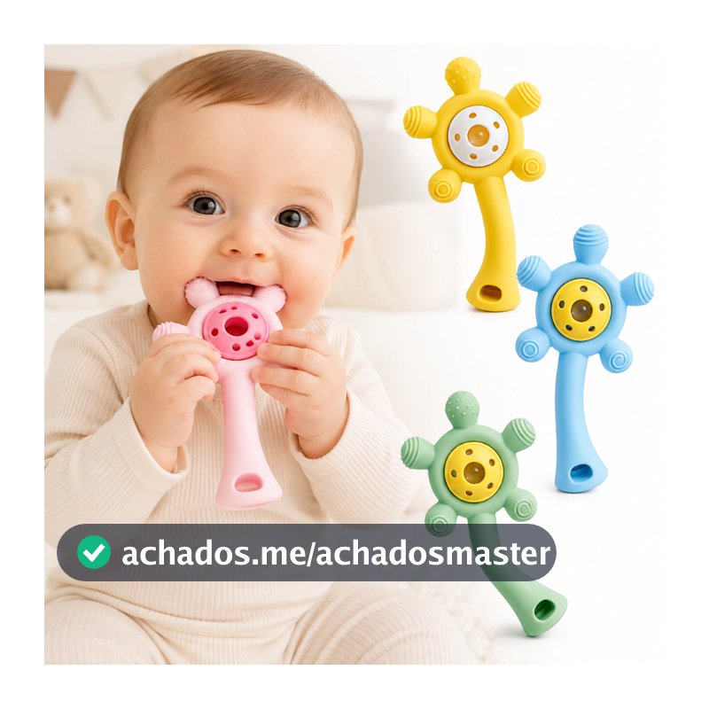 Mordedor Bebe de Mão Chocalho Sensorial Dentição 5 Pontas BPA FREE Silicone Massageador de Gengiva