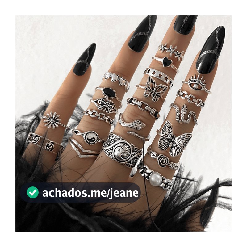 Conjunto de 27 anéis de aço para mulheres com designs vazados, de cobra, de borboleta e de coração