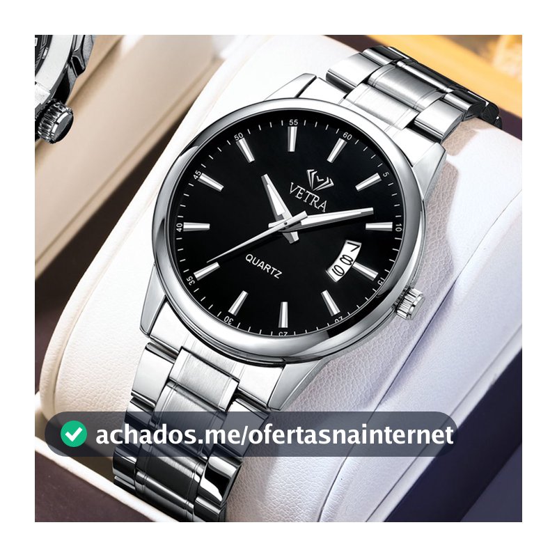 VETRA Relógio Masculino Original Relogio Luxo a Prova d Água Presente para Homem Aço Inoxidável Preto Prata 6115