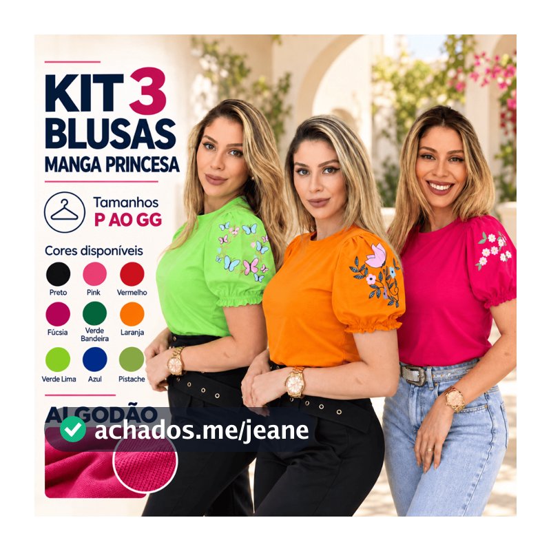 KIT 3 Blusas Manga Princesa Bufante SILCADA Evangélica Elegante Algodão 100% Não Encolhe