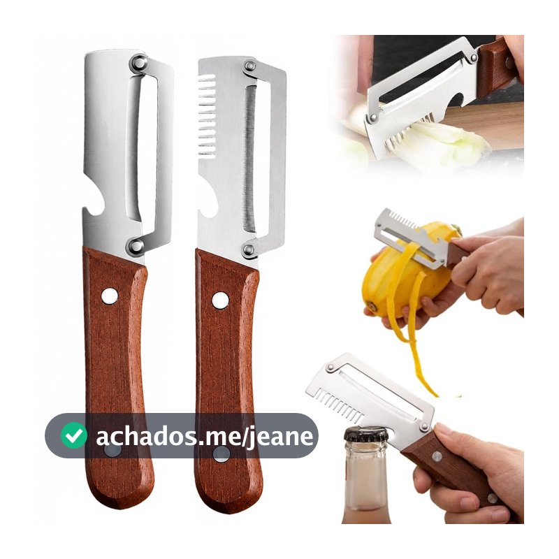 Kit 2 Descascadores de Legumes Multifuncional Aço Inox Cabo de Madeira Abridor de Garrafas