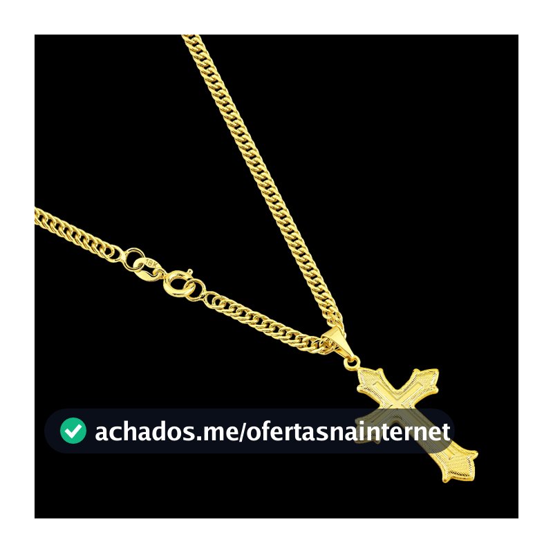 Correntinha Masculina Grumet Dupla Lacraia 3mm + Pingente Cruz Banhado a Ouro 18k Cordão com Crucifixo