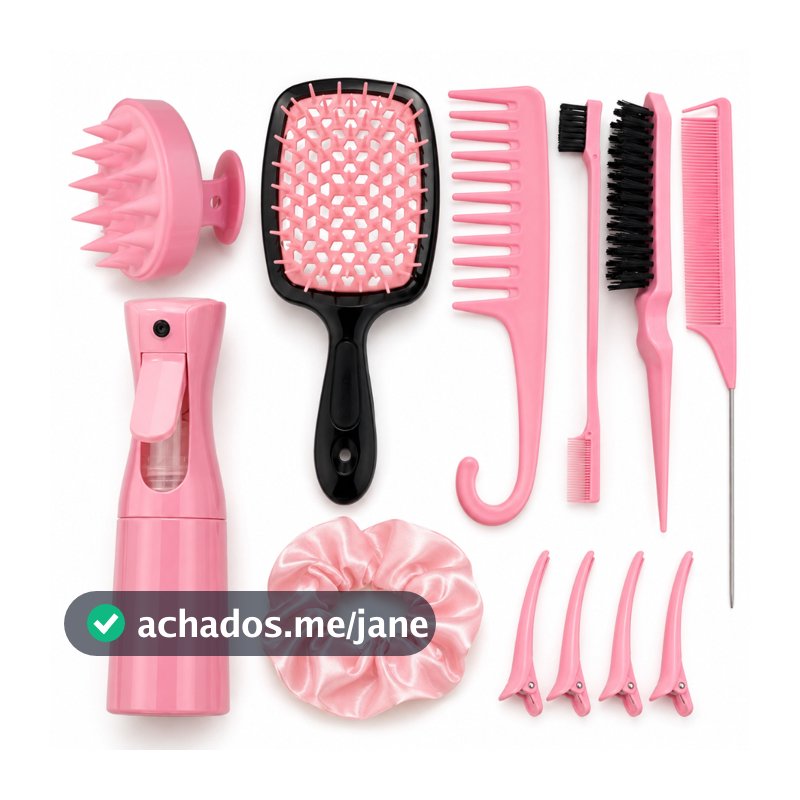 Kit Completo para Cabelo 12 Peças com Escova Pente Borrifador Presilhas e Scrunchie para Penteados