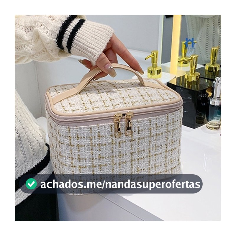 Bolsa Necessaire Tweed Feminina para Maquiagem com Zíper Para Viagem, Mochila, Alça em Courinho HH