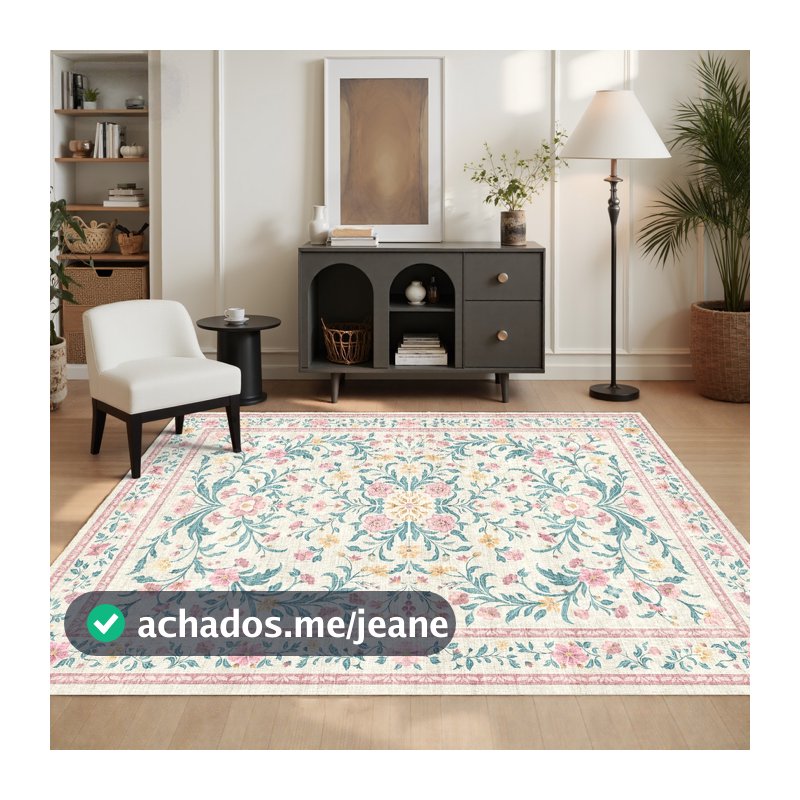 Tapete Sala Quarto 1,00x1,40 Floral Antiderrapante Lavável Macio Aveludado Estampado Decorativo Abelle Casa