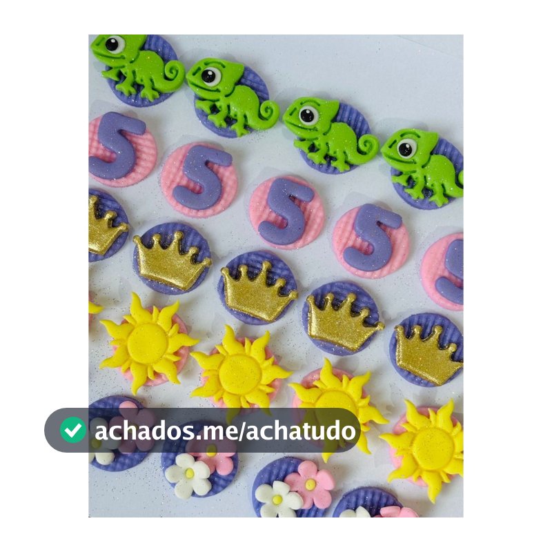 Kit 20 Apliques Rapunzel / Enrolados, Para doces | Trufas | Donuts e muito mais, aproximadamente 3cm, Pasta Americana.