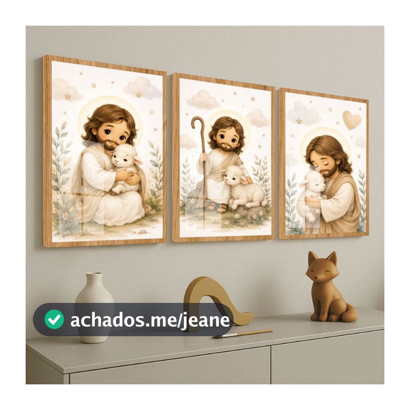 Kit Três Quadros Religiosos Infantis Jesus Bom Pastor Ovelhas Decoração Quarto Criança Delicados