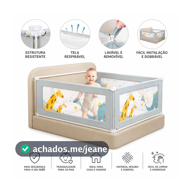Grade de Proteção para Cama Desmontável Lavável Ajustável Segurança Infantil 1,8m e 2m