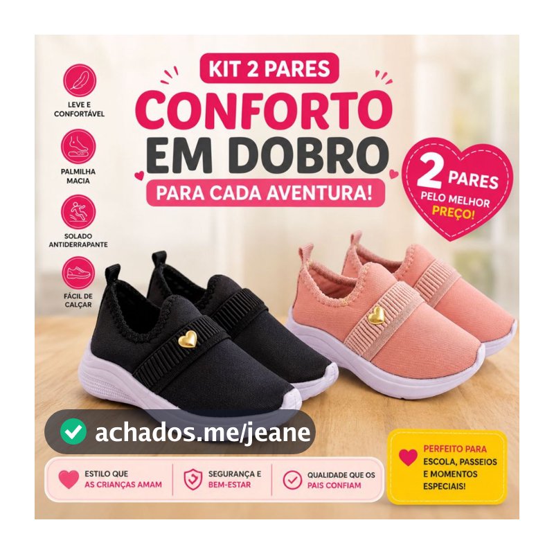 Kit 2 Pares Tênis Feminino Calce Fácil Infantil Menina Leve e Confortável Casual Promoção Dia Dia