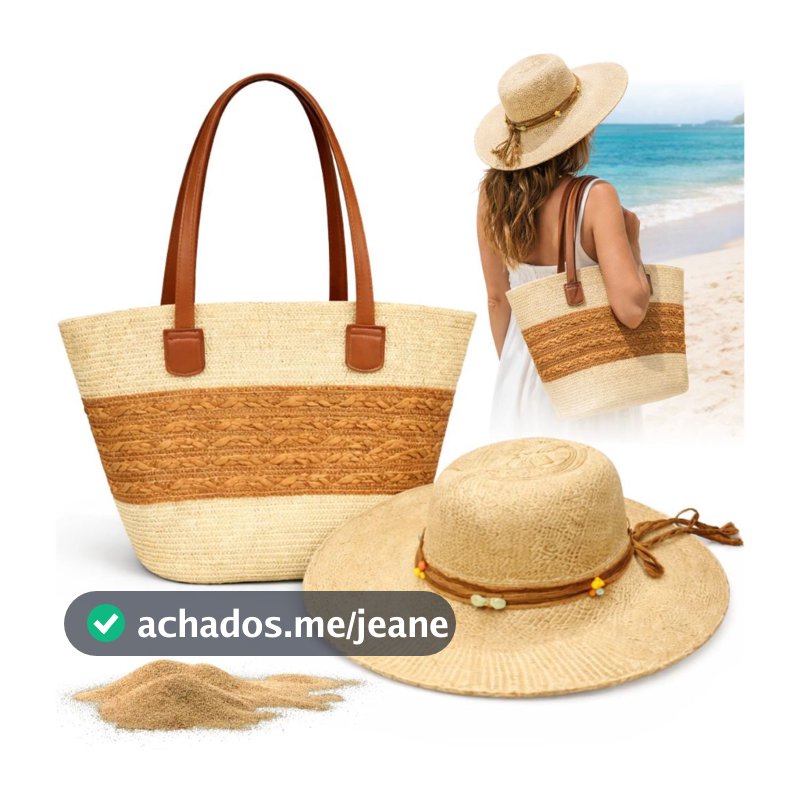 Bolsa De Praia Grande Feminina Palha + Chapéu Summer Moda | Envio Imediato