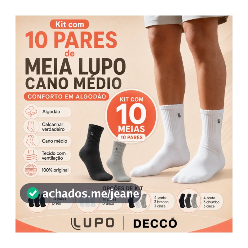 Kit De 10 Pares De Meias Lupo Cano Médio Unissex Em Algodão Tamanho 37 ao 44