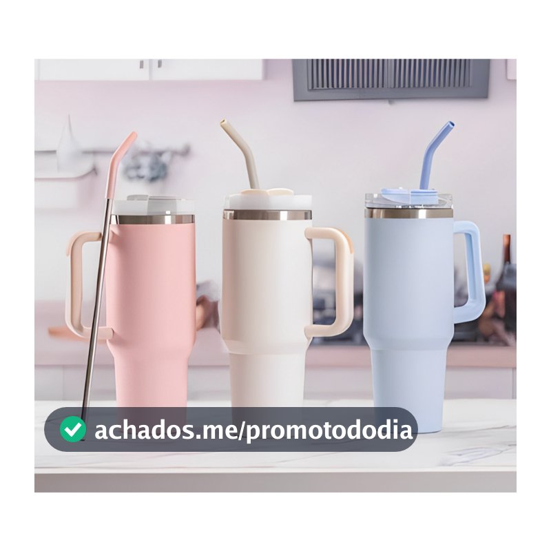 Copo Térmico Grande 1200ML Com Alça Com Canudo Em Metal Garrafa Em Aço Inoxidável