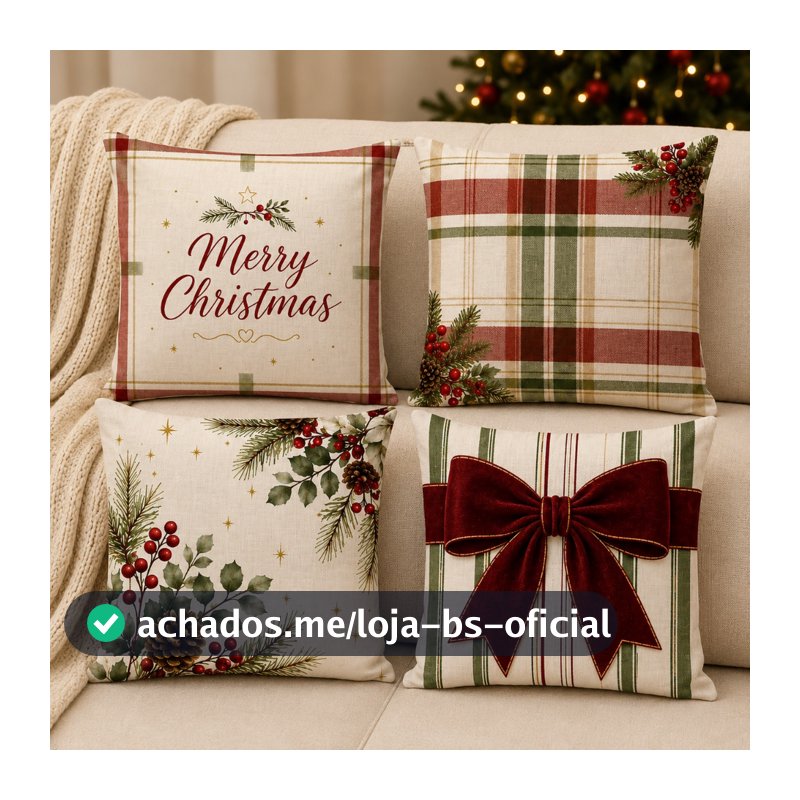 Kit 4 Capas de Almofada 43x43 cm Estampa Digital Decoração Natalina