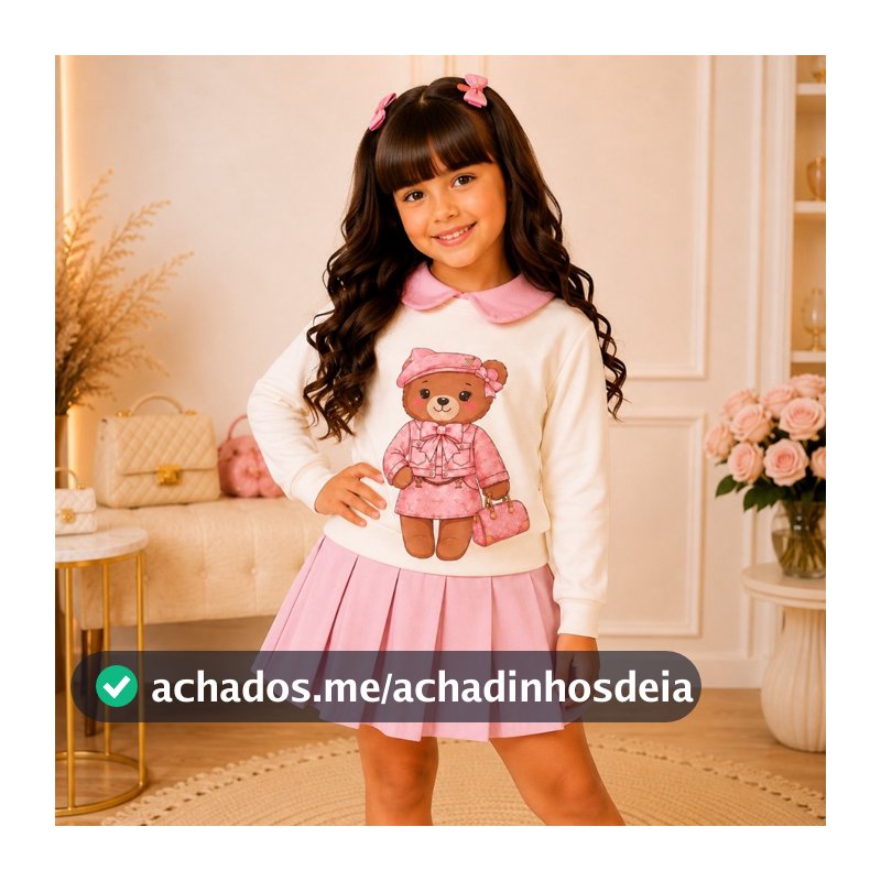 Conjunto Infantil Menina Ursinha Moletom Peluciado Short Saia Boutique Blogueirinha Inverno