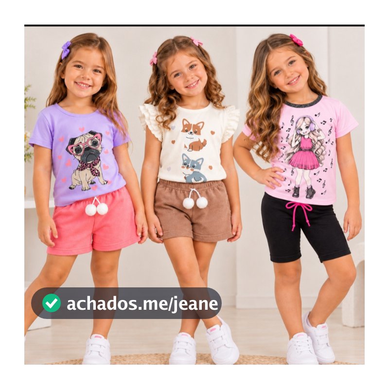 CONJUNTOS  DE VERÃO INFANTIL MENINA .[ BLUSA COM MANGA  +BERMUDA COM POMPOM