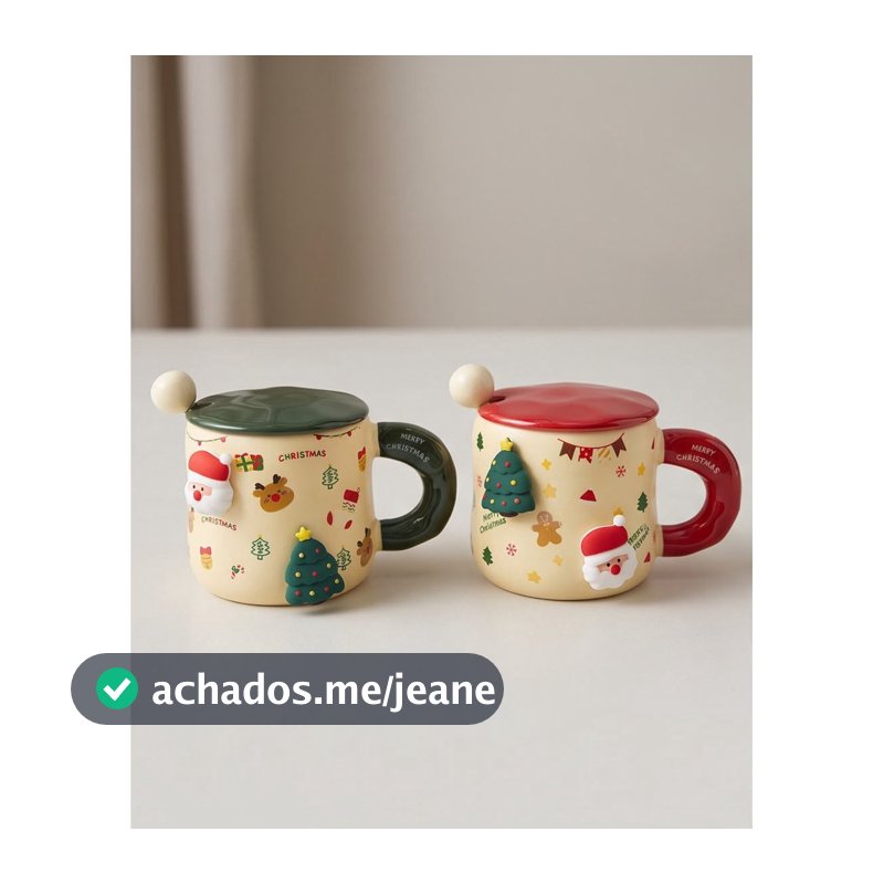 Caneca Xícara de Cerâmica 400ml com Tampa e Colher Presente de Natal