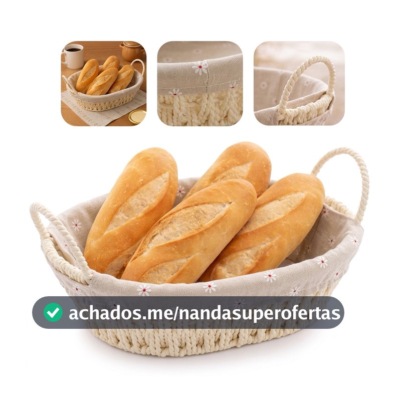 Cesto de Pão Redondo Retangular Oval Para Café da Manhã com Forro e Alça Lateral Cozinha Multiuso