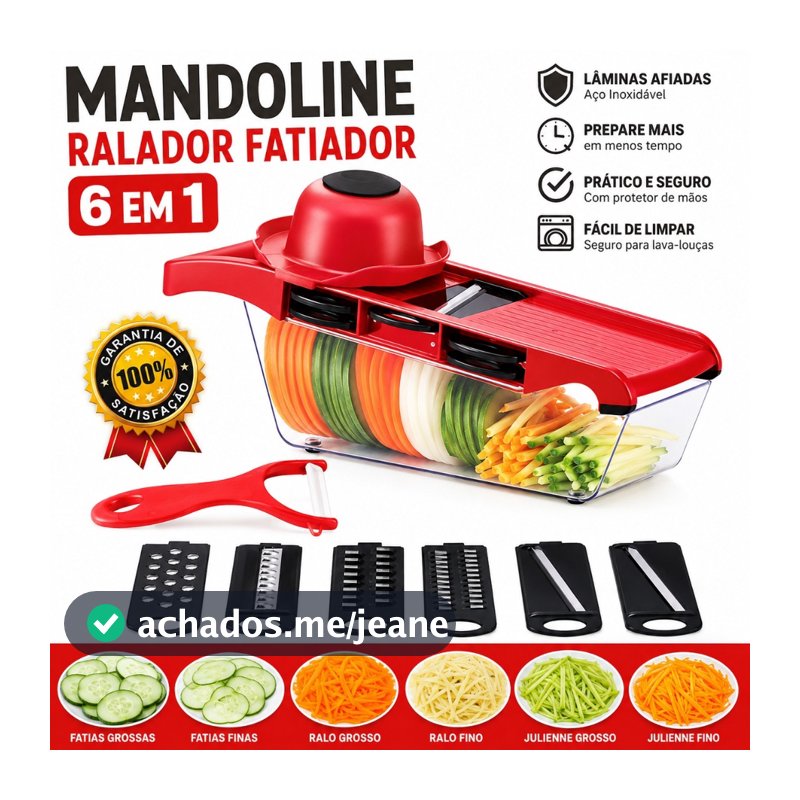 Mandoline Cortador Fatiador Ralador Legumes 6 Em 1 Aço Inox Com Coletor