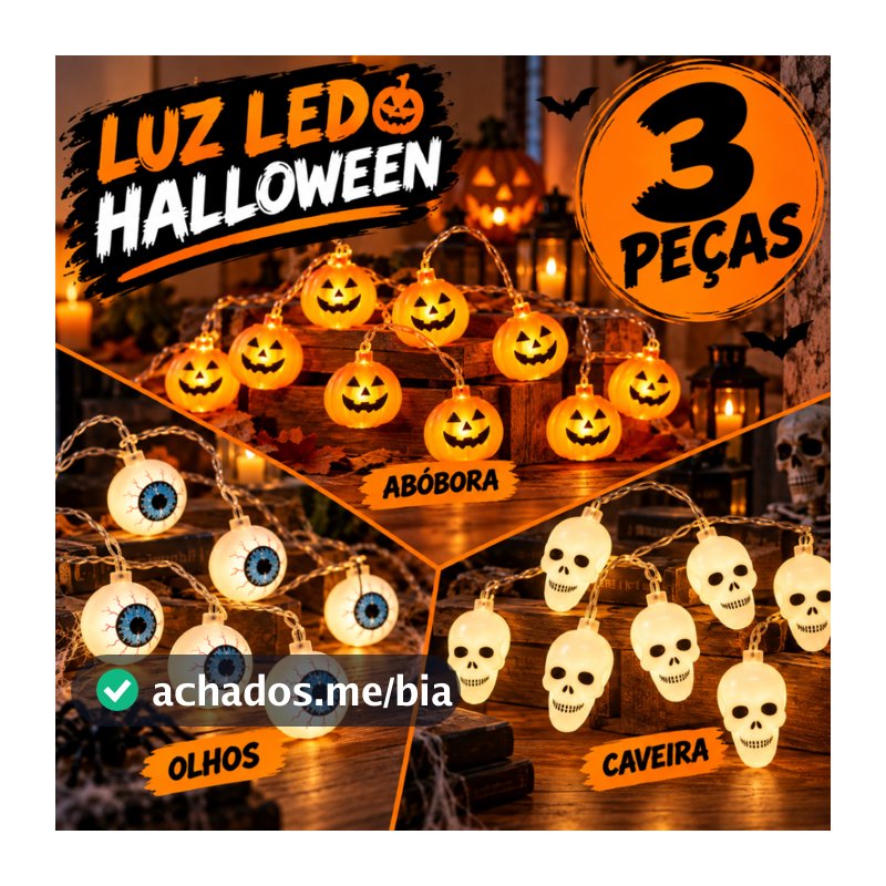 Varal Pisca Halloween Cordão 10 Luzes Led Decoração Abóbora Lâmpada Luz Caveira Fantasma Olho Festa