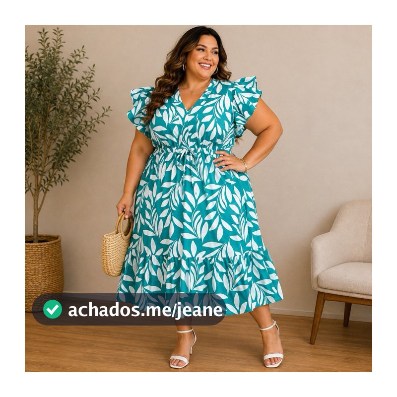 Vestido feminino midi plus size babado manga curta verão estampado moda evangélica elegante