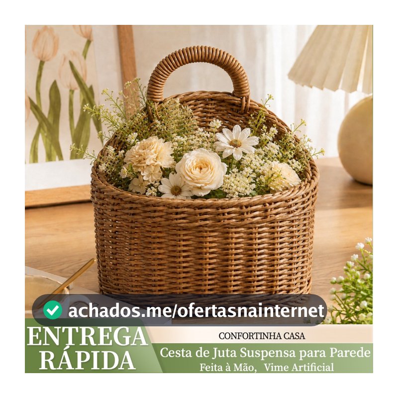 Cesta de Juta Suspensa para Parede – Feita à Mão, Vime Artificial, Armazenamento e Decoração