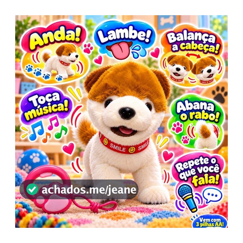 Cachorro de Pelúcia Interativo Anda Late Lambe Abana Rabo Toca Música Repete Voz