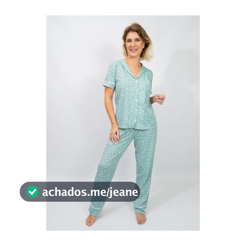 Pijama Feminino Americano Botões Frente Manga curta com Calça Algodão Amamentação–Verde Poá