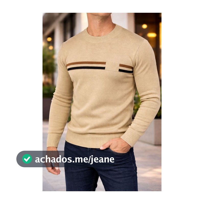 Blusa Duas Listras Tricot Masculina Elegante Manga Longa Gola Redonda Inverno 2026 Tam M G GG  Dia dos Pais