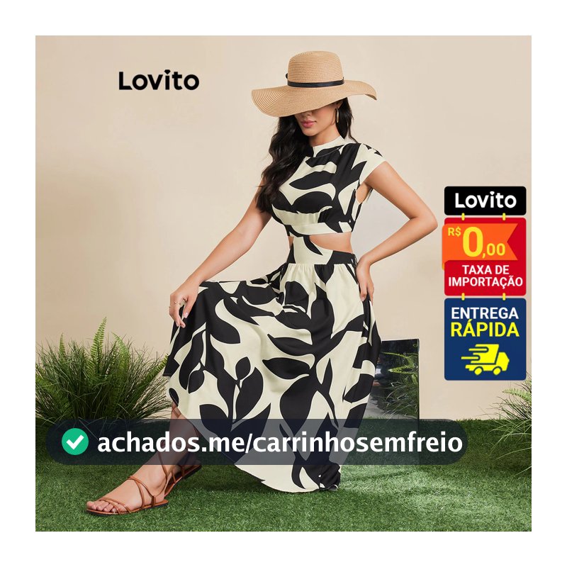 Lovito Vestido em A Longo com Recortes Geométricos Estampa Folhagem Feminino DRB3BR152