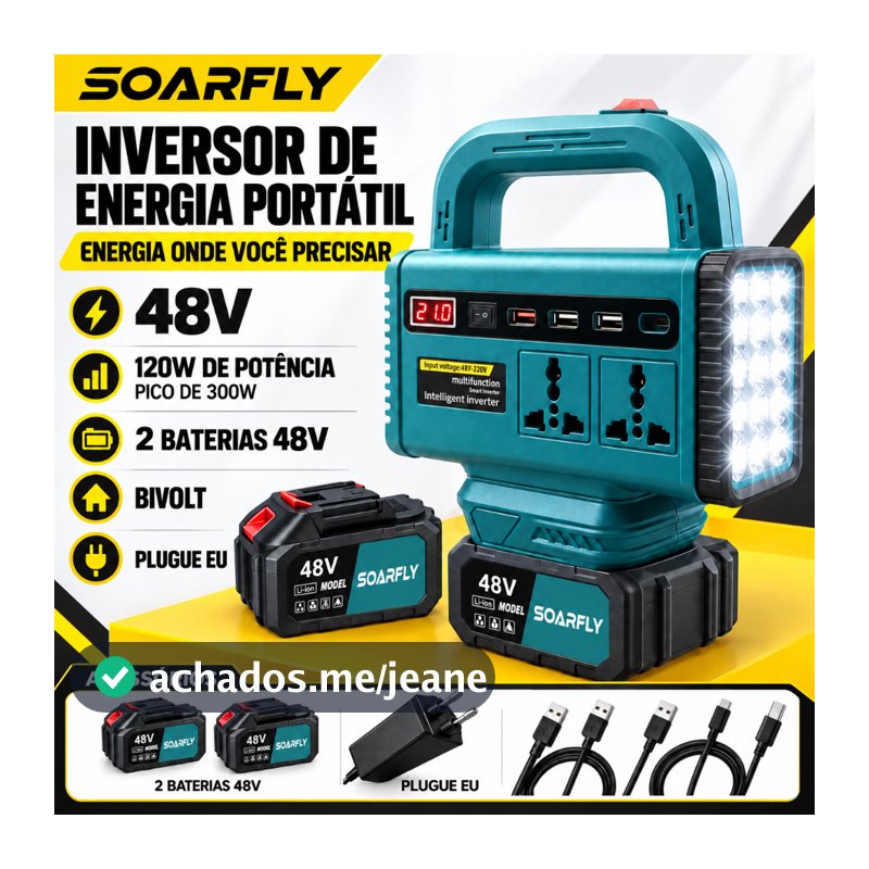 Inversor portátil com bateria de lítio e 2 baterias, com função de iluminação