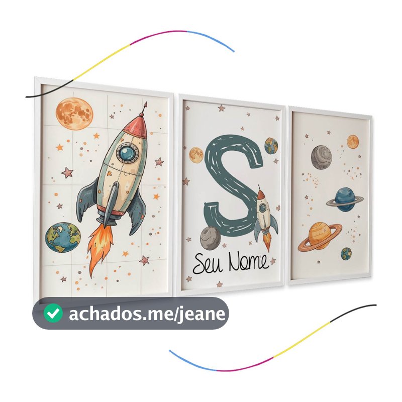 Quadros Decorativos Infantis Astronauta, Foguete e Planetas, Personalizável com Nome, Kit 3 Peças