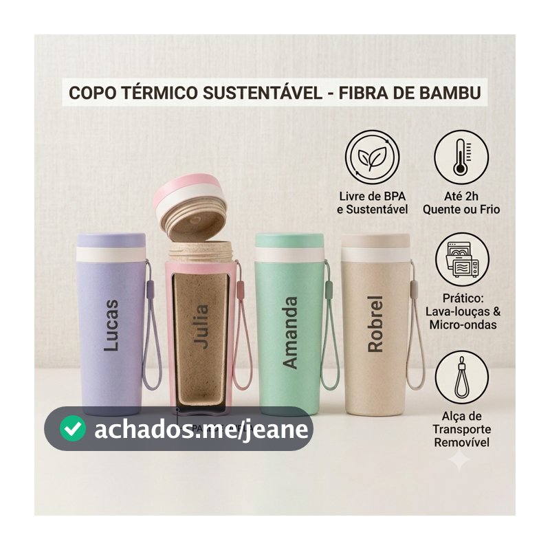 Copo Térmico Personalizado Com Nome Fibra Bambu 350ml Com Alça Ideal Para Presente Lembrancinha Livre BPA