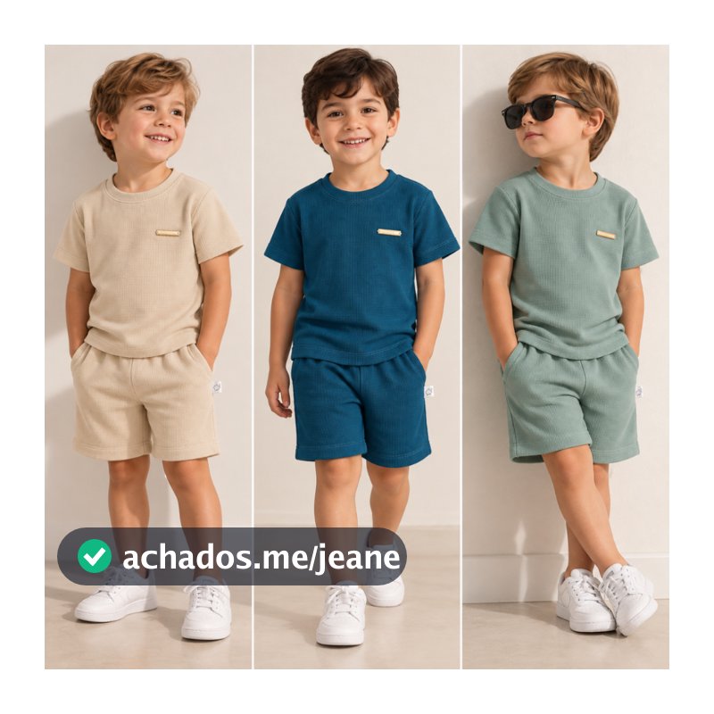 Conjunto Infantil Juvenil Meninos Masculino Roupa Infatil Waffle Camiseta e Short Bermuda Verão Verde Azul Bege