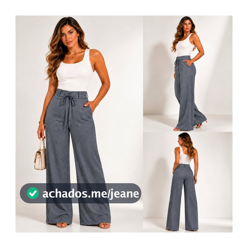 Calça Pantalona Feminina Alfaiataria Cintura Alta Wide Leg Com Bolso Social Feminina com Cordão na Cintura