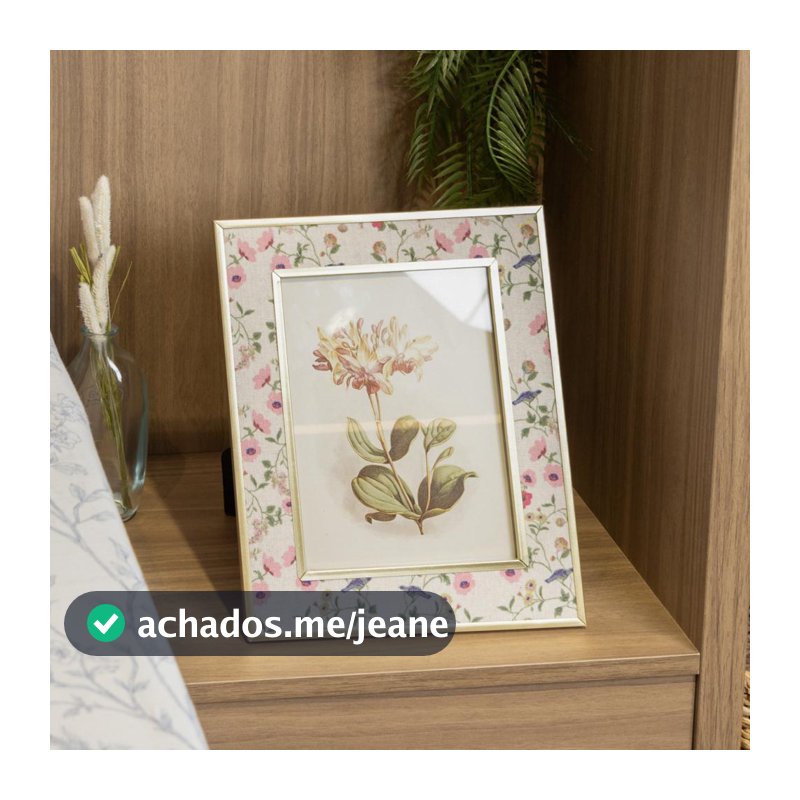 Porta Retrato 15x20cm Blossom Garden Dourado Metal Wolff com Detalhes Florais em Tecido para Mesa Aparador Decoração Lar