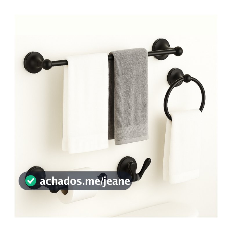 Kit Banheiro 4 Peças em Metal Preto Fosco - Porta Toalha, Argola, Porta Papel e Gancho Acessórios