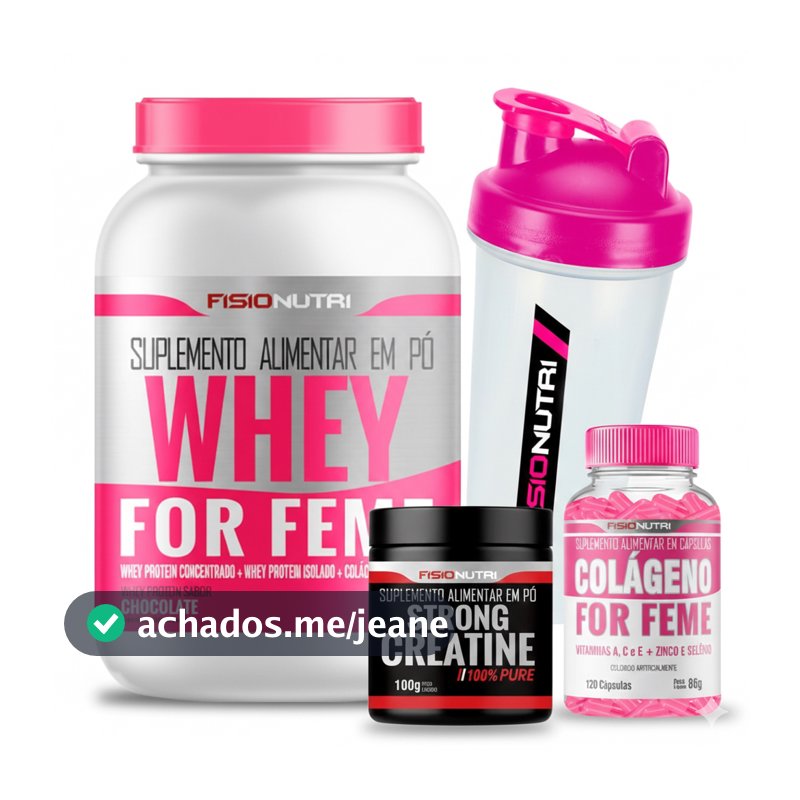 Kit Whey Gourmet Feminino + Colágeno 120 Cápsulas + Creatina 100% Pura 100g + Coqueteleira Fisionutri