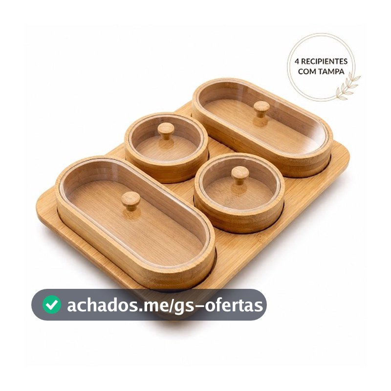 Conjunto Petisqueiras de Bambu Potes com Tampa e Bandeja