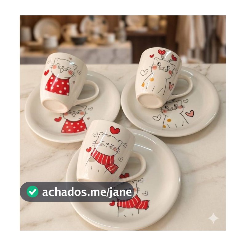 Kit Jogo Caneca Landy 240ml + Prato Sobremesa Lanche em Porcelana Linha Kids Gatinho Branco
