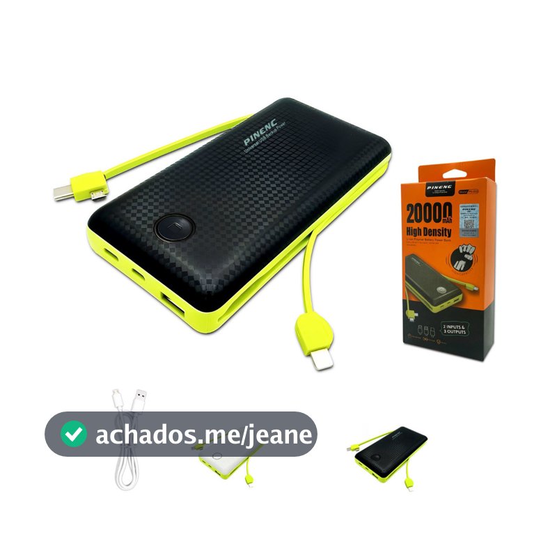 Power Bank 20000mAh Pineng AJ-C04 com Cabo Embutido USB Tipo C Lightning Portátil Carregador