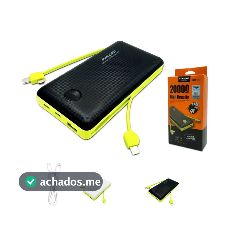 Power Bank 20000mAh Pineng AJ-C04 com Cabo Embutido USB Tipo C Lightning Portátil Carregador