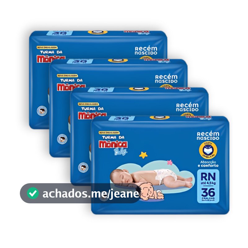 Kit 4 Fraldas Descartáveis Turma da Mônica Baby Recem Nascido RN - Total 144 Unidades