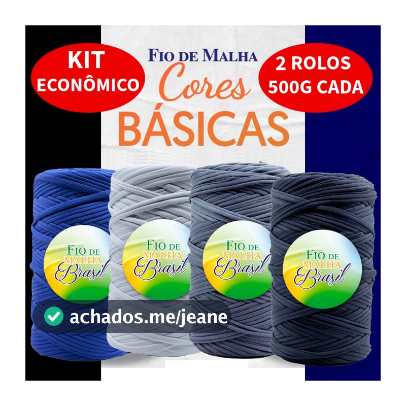 Fio de Malha Brasil Kit 2 Rolos de 500g - Cores Neutras - Preto, Branco, Azul Marinho, Cinza - Crochê Fio Residual