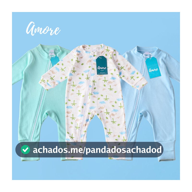 Kit 3 Macacão Bebê Amore Vira Pé Dino Com Ziper 100% Algodão