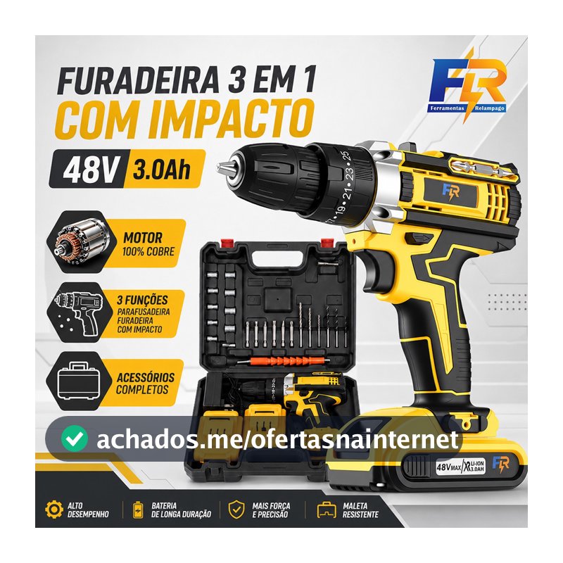 Parafusadeira Furadeira de Impacto 48V Sem Fio 2 Baterias 3 Funções com Maleta e Acessórios Kit Completo