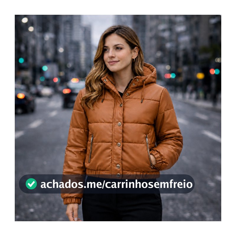 Jaqueta de Couro Feminina Puffer Bobojaco Cropped Peluciada Capuz Removivel