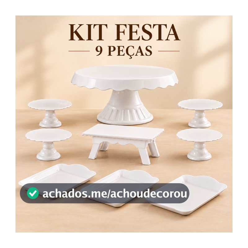 Kit Festa 9 Peças Decoração Mesa Boleira 22cm 4 Suportes 3 Bandejas + Mesinha