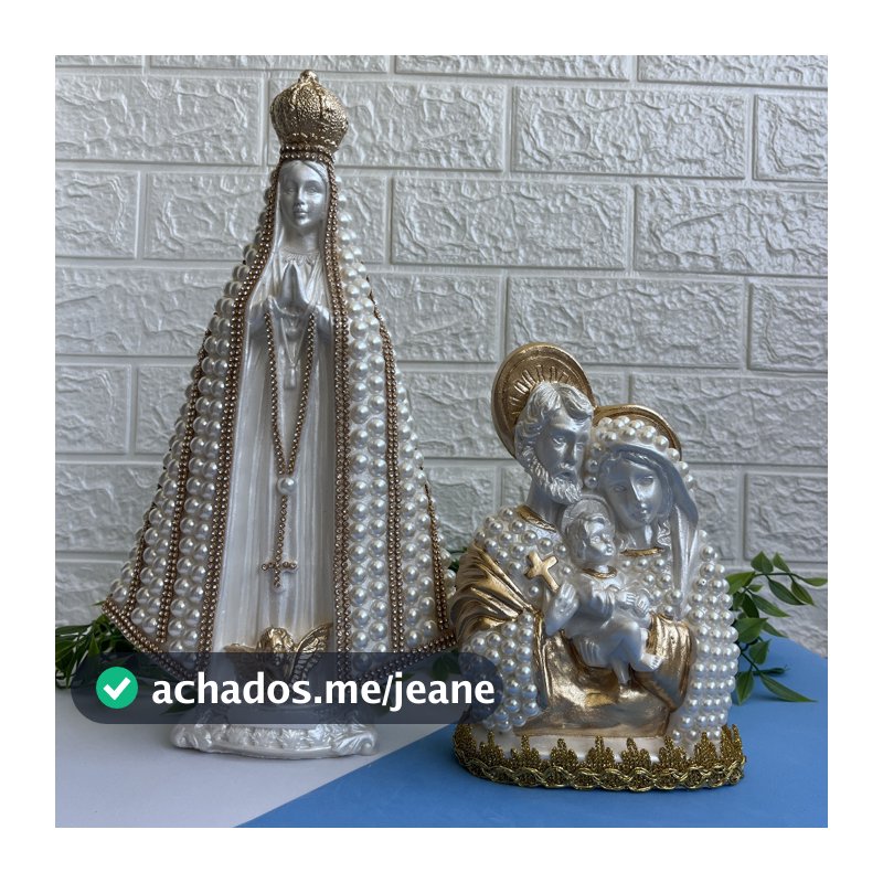 Kit 1 Imagem Sagrada família e 1 Imagem Nossa Senhora Aparecida em pérolas brancas